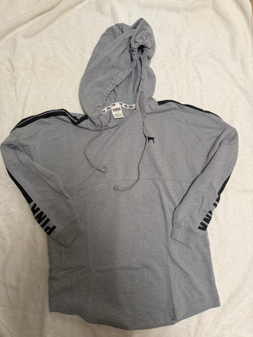 PINK Victoria's Secret Gray Hooded Long-Sleeve Shirt with Black Sleeve Stripes